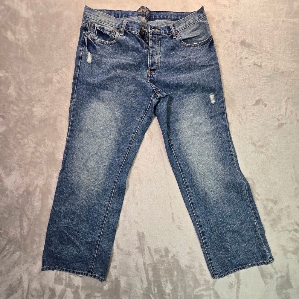 Carbon Mens Blue Denim Jeans 34x30 Straight Leg Button Fly 100% Cotton Distress